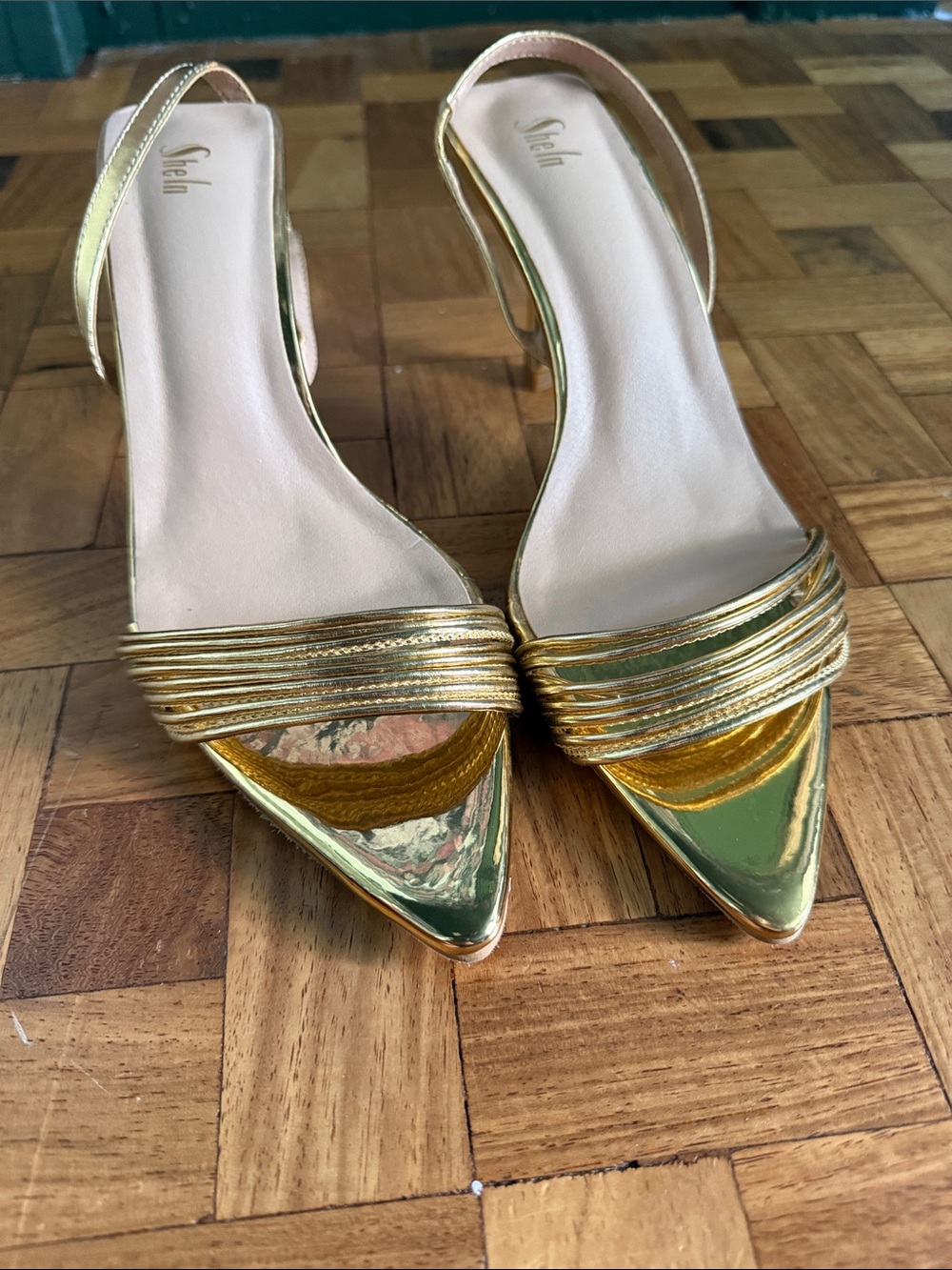SHEIN Metallic Gold Pointed-Toe Slingback Heels